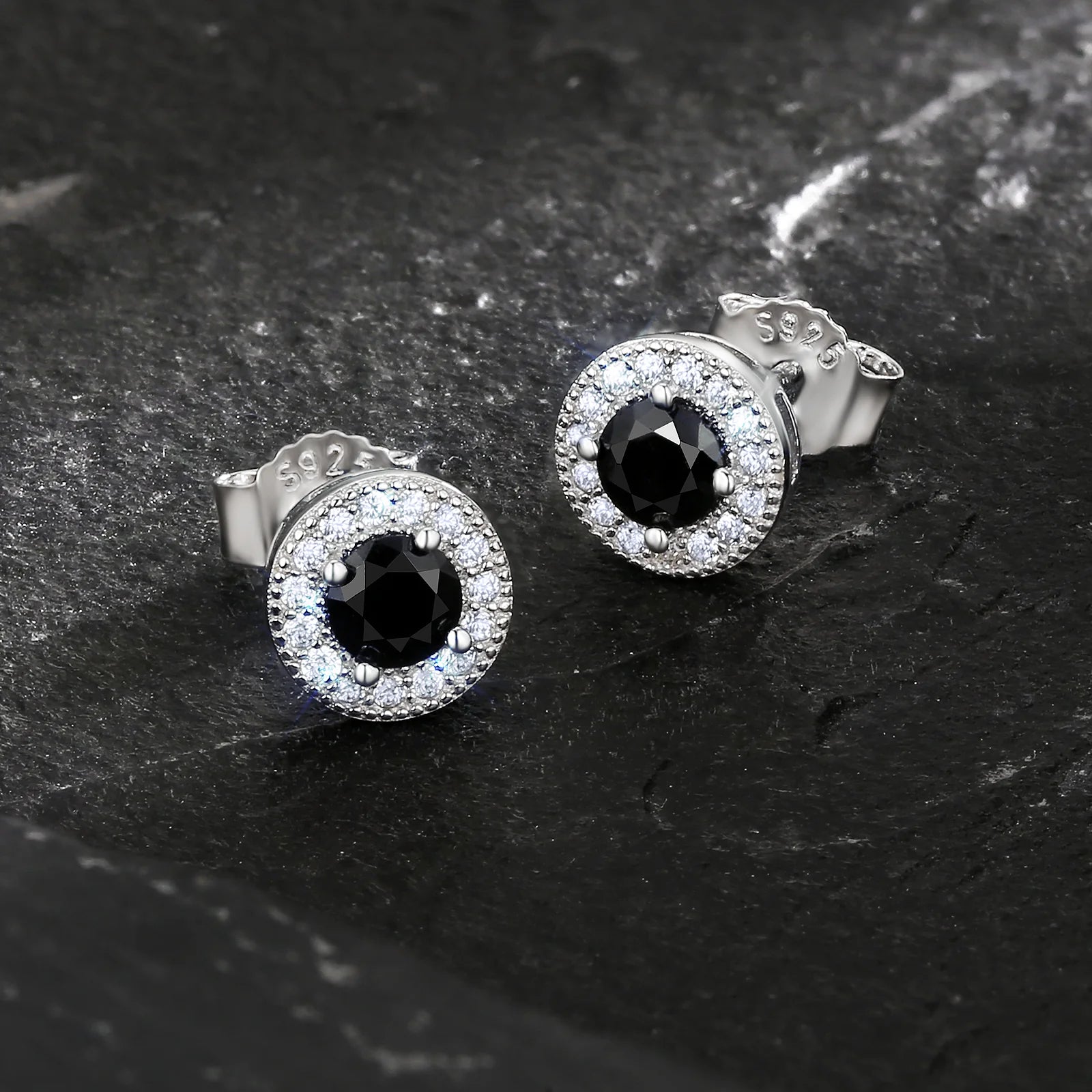 7.5mm Black Diamond Round Stud Earrings in White Gold 