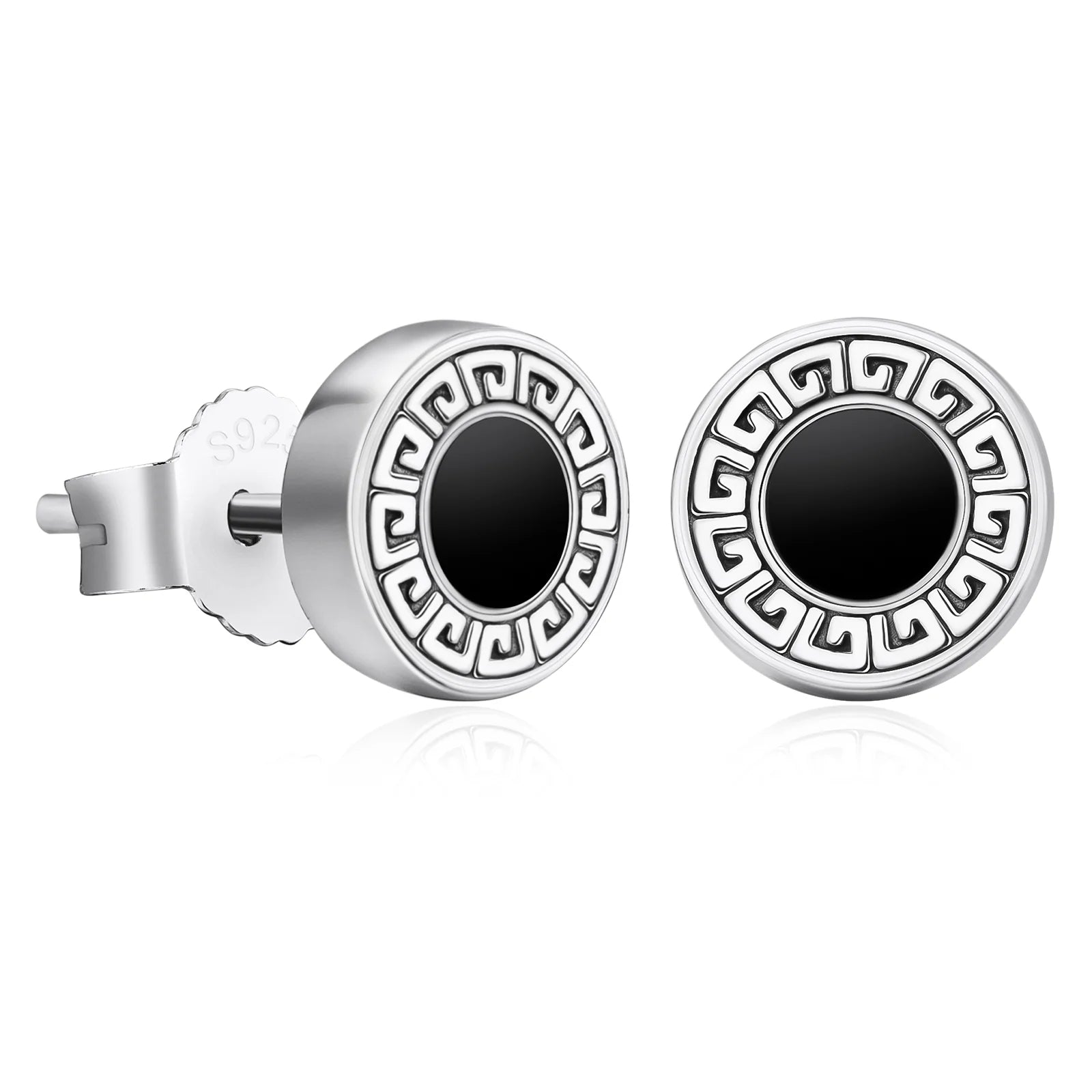 8.5mm Vintage Black Agate Round Diamond Stud Earrings in 925 Sterling Silver 