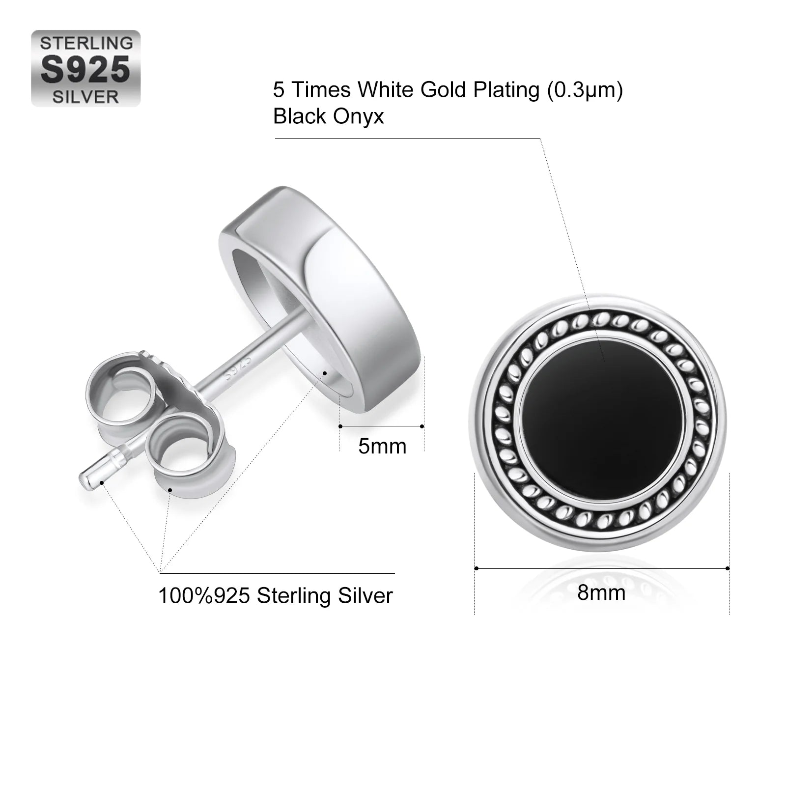 8mm Black Diamond Agate Radial Round Stud Earrings in 925 Sterling Silver 