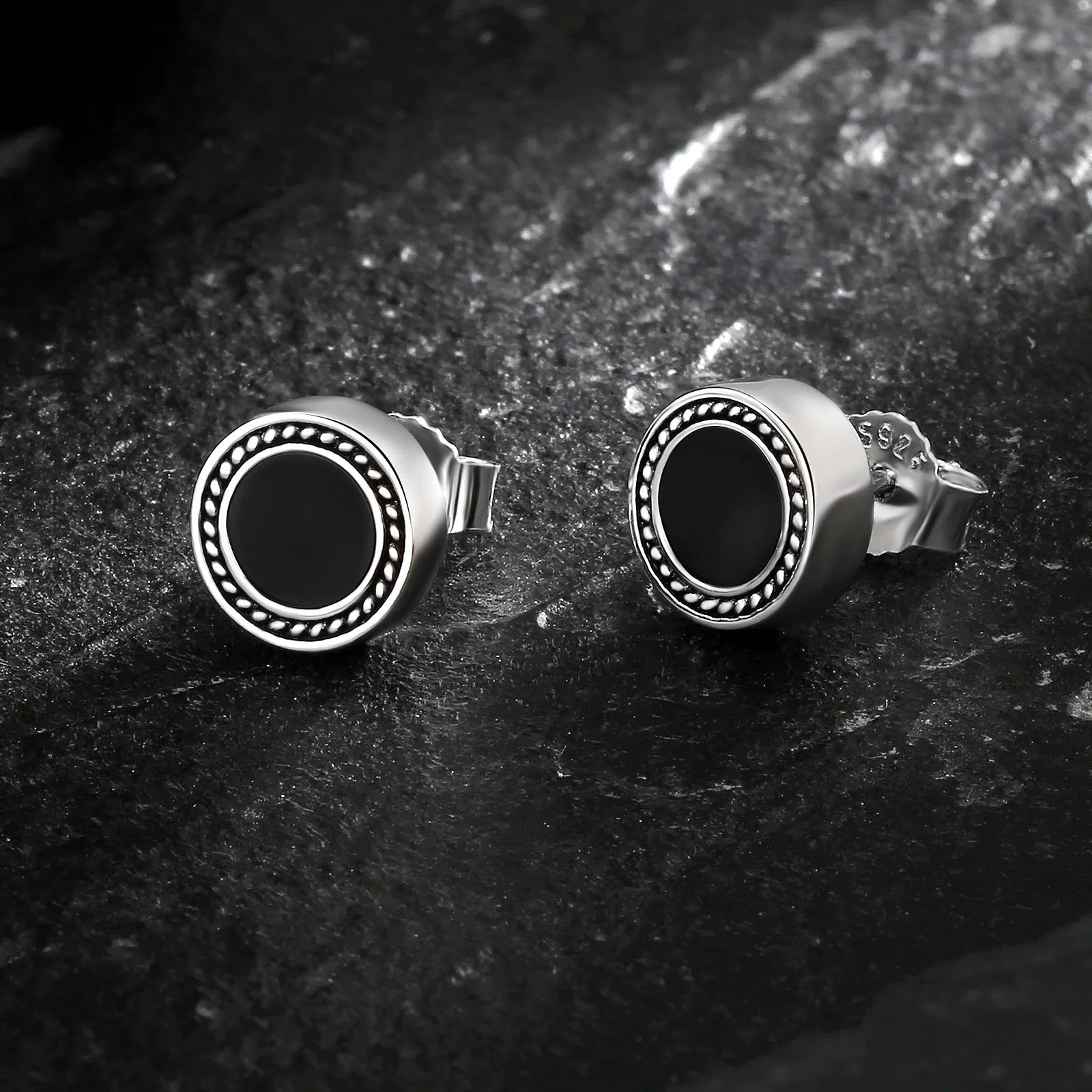 8mm Black Diamond Agate Radial Round Stud Earrings in 925 Sterling Silver 