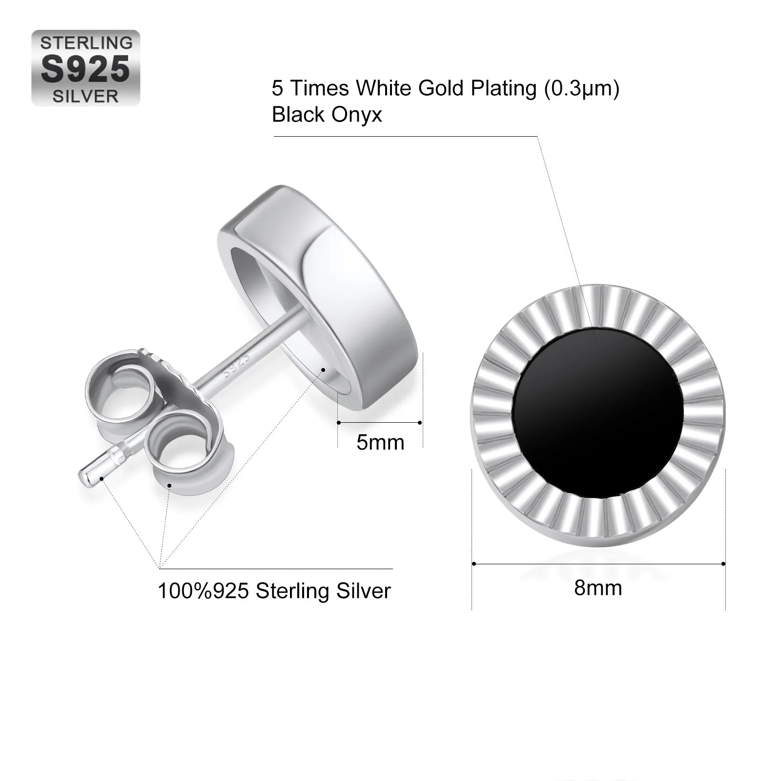 8mm Black Diamond Agate Round Stud Earrings in 925 Sterling Silver 