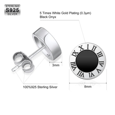 8mm Roman Numerals Black Agate Round Diamond Stud Earrings in 925 Sterling Silver 
