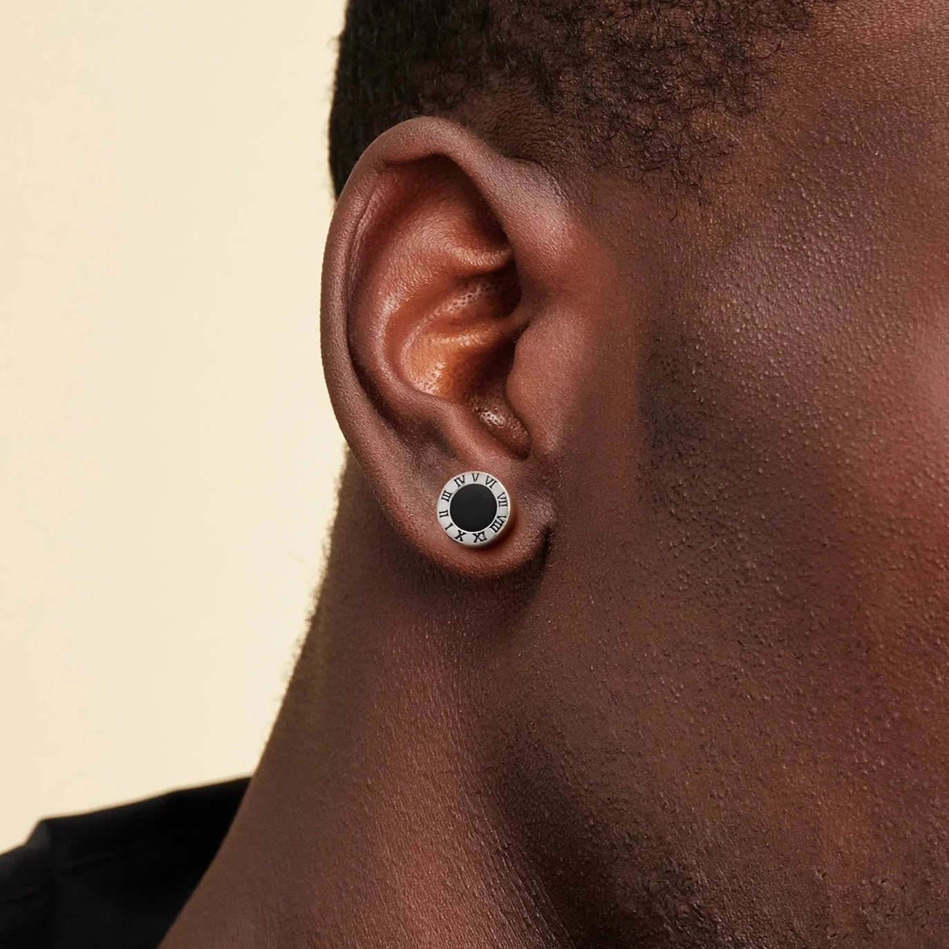 8mm Roman Numerals Black Agate Round Diamond Stud Earrings in 925 Sterling Silver 