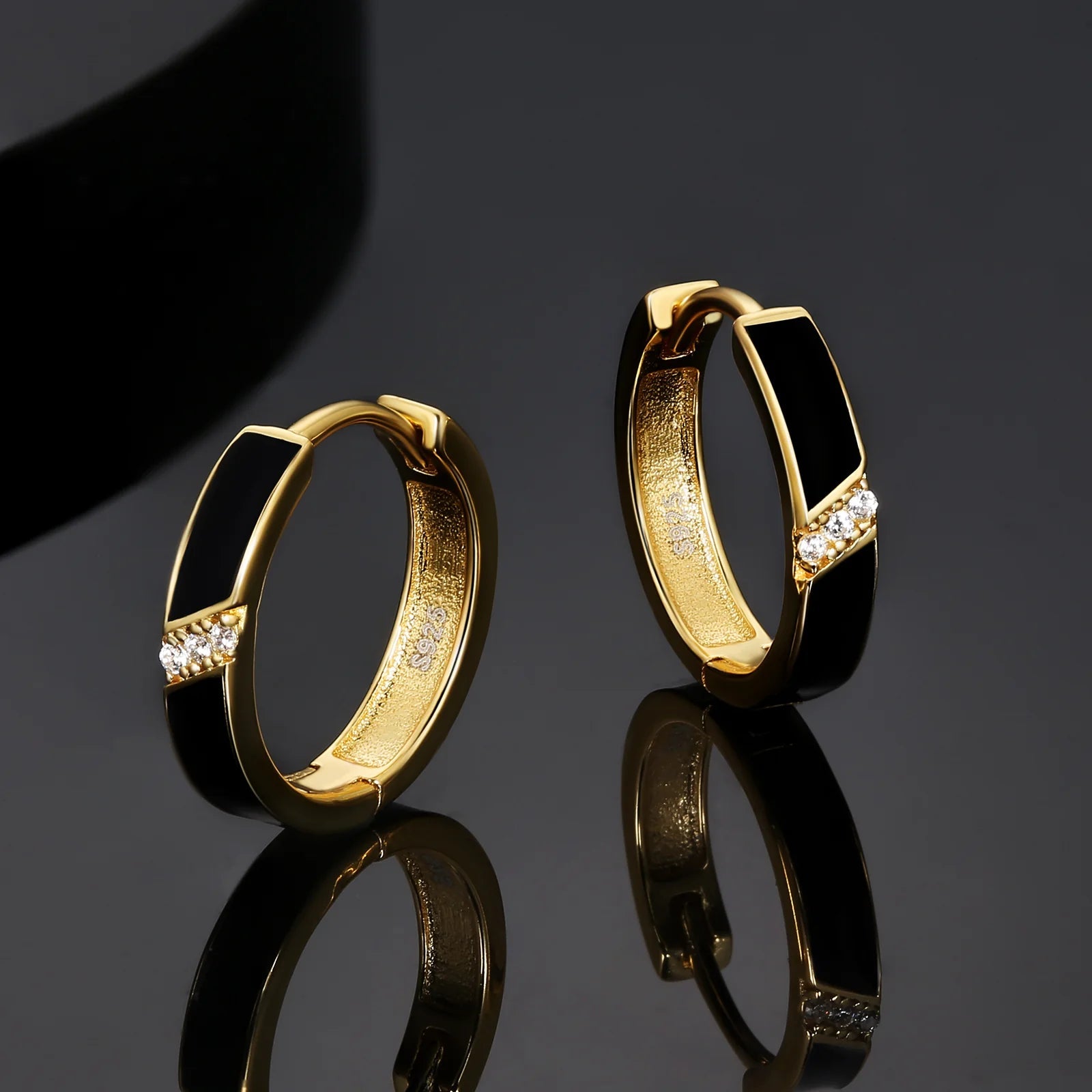 925 Sterling Silver Diamond Black Round Hoop Earrings in 14K Gold Earrings 