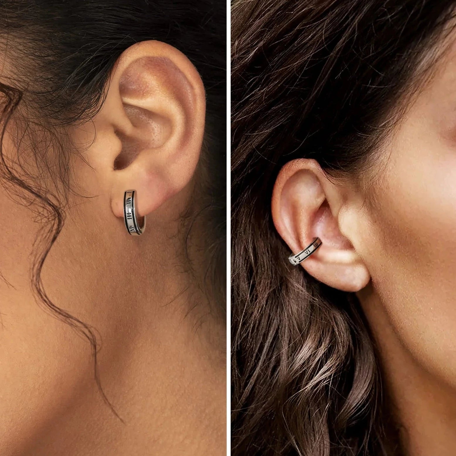 925 Sterling Silver Hoop Ear Cuff with Roman Numerals Printed in White Gold Earrings 