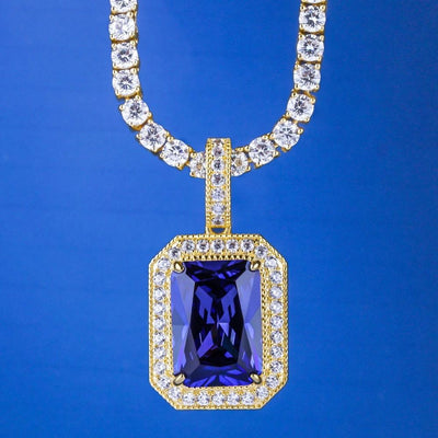 Blue Sapphire Gemstone Pendant 14K Gold Plated 3mm 20" Tennis Chain 14K Gold 