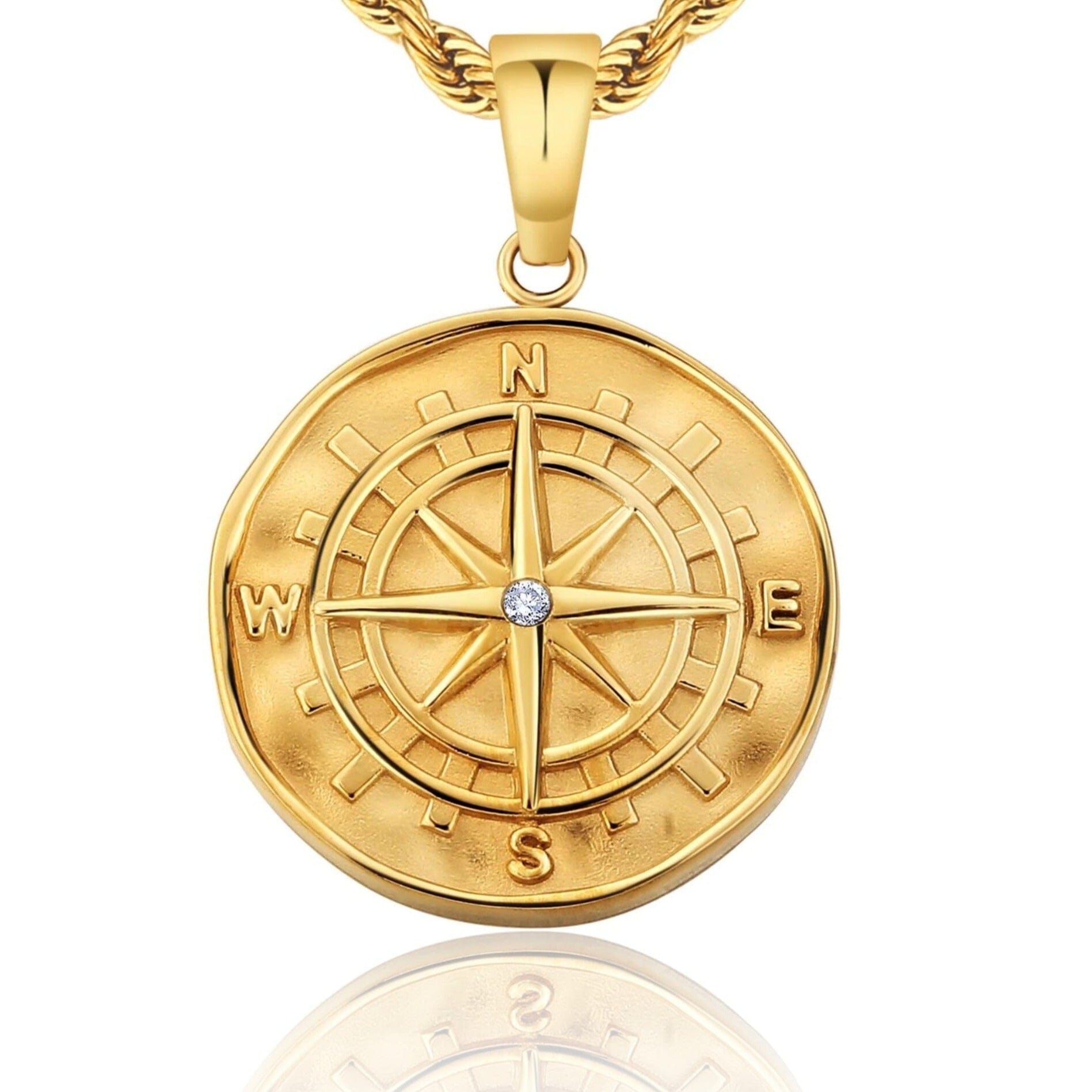 Compass Coin Pendant Necklace 18K Gold Free Rope Chain 