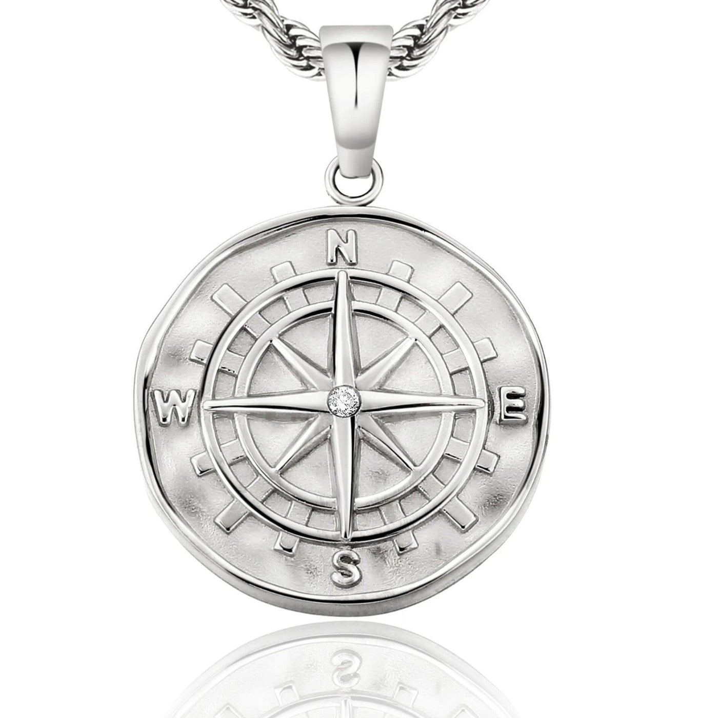 Compass Coin Pendant Necklace White Gold Free Rope Chain 