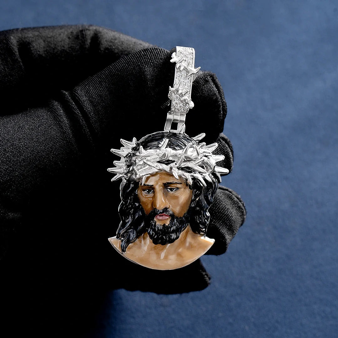 Custom Enamel Jesus Crown of Thorn Pendant in 925 Sterling Silver 