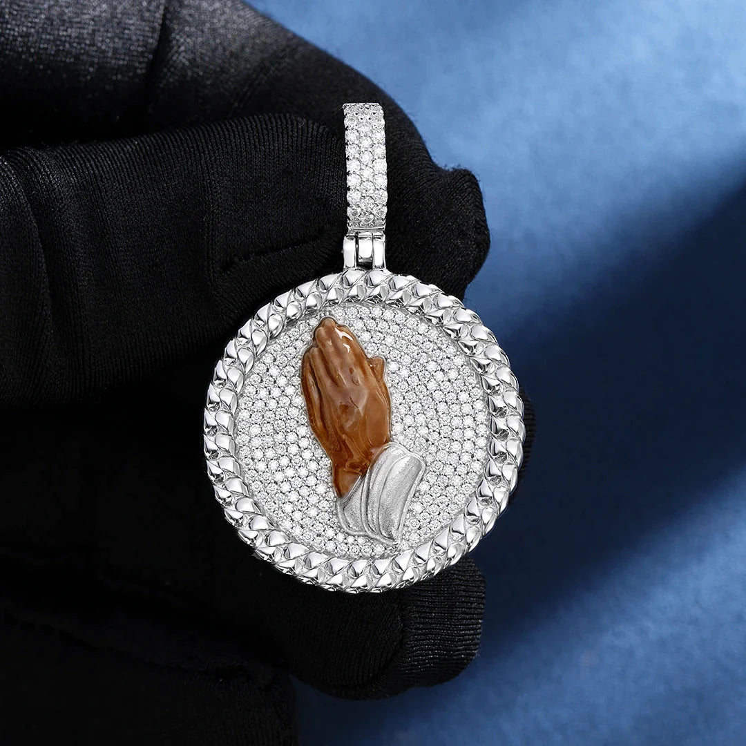 Custom Enamel Praying Hands Round Pendant in 925 Sterling Silver 