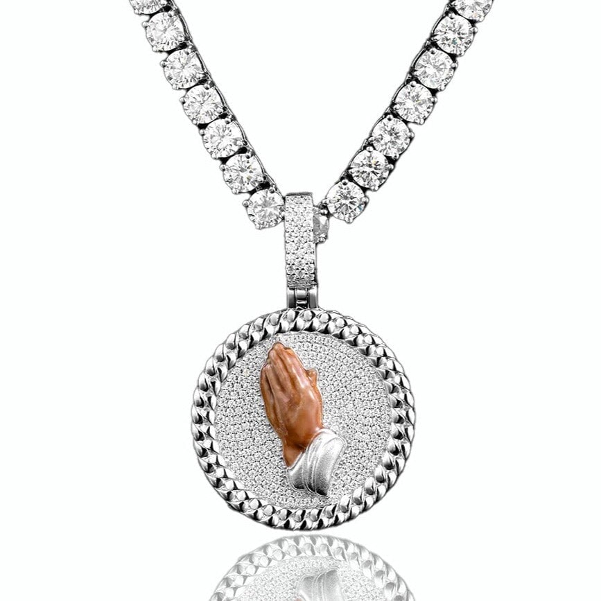 Custom Enamel Praying Hands Round Pendant in 925 Sterling Silver 