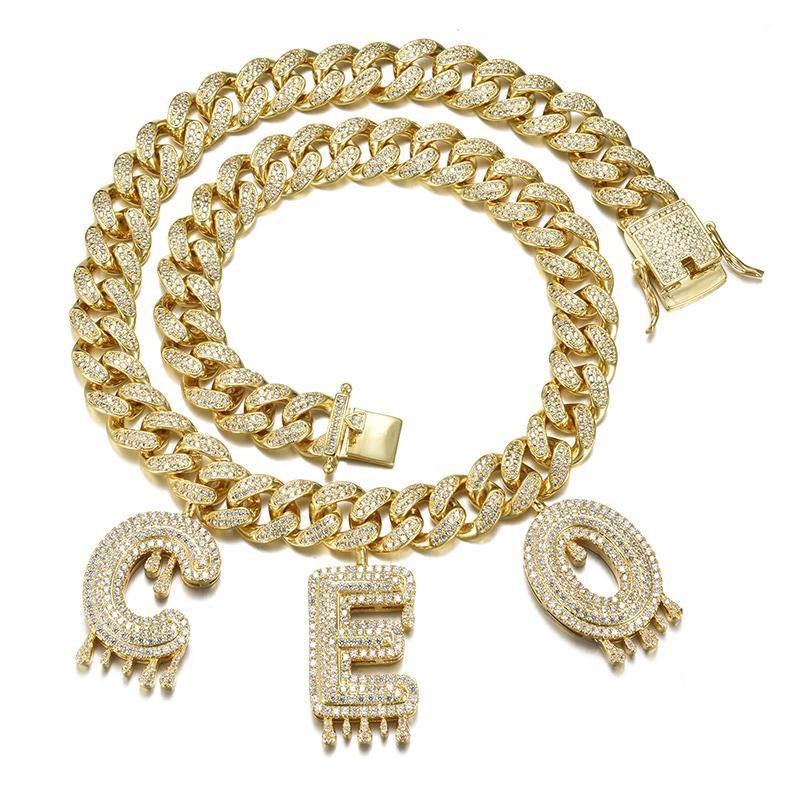 Custom Iced Out Cuban Link Chain with Drip Letter Charms 2 letters 18" 18K Gold