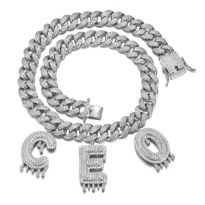 Custom Iced Out Cuban Link Chain with Drip Letter Charms 2 letters 18" White Gold