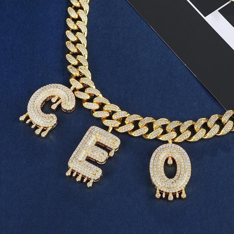Custom Iced Out Cuban Link Chain with Drip Letter Charms 