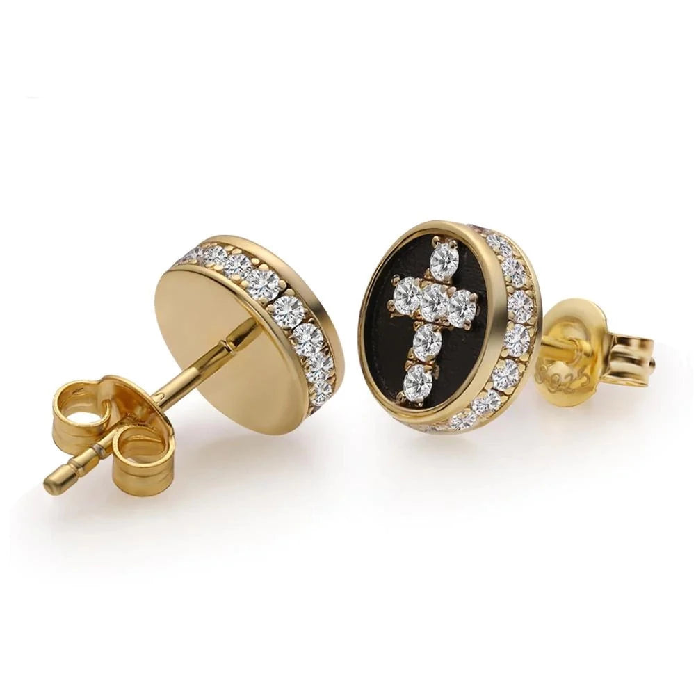Diamond Cross Earrings Round Stud for Men Earrings 14K Gold S925 