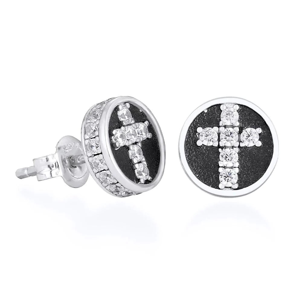 Diamond Cross Earrings Round Stud for Men Earrings White Gold S925 
