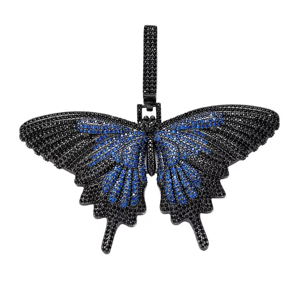 Fully Iced Out Diamond Big Butterfly Pendant Jewelry Free Rope Chain 18" Black & Blue