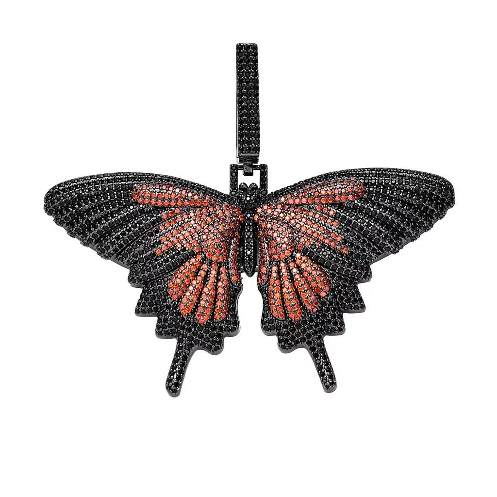 Fully Iced Out Diamond Big Butterfly Pendant Jewelry Free Rope Chain 18" Black & Orange