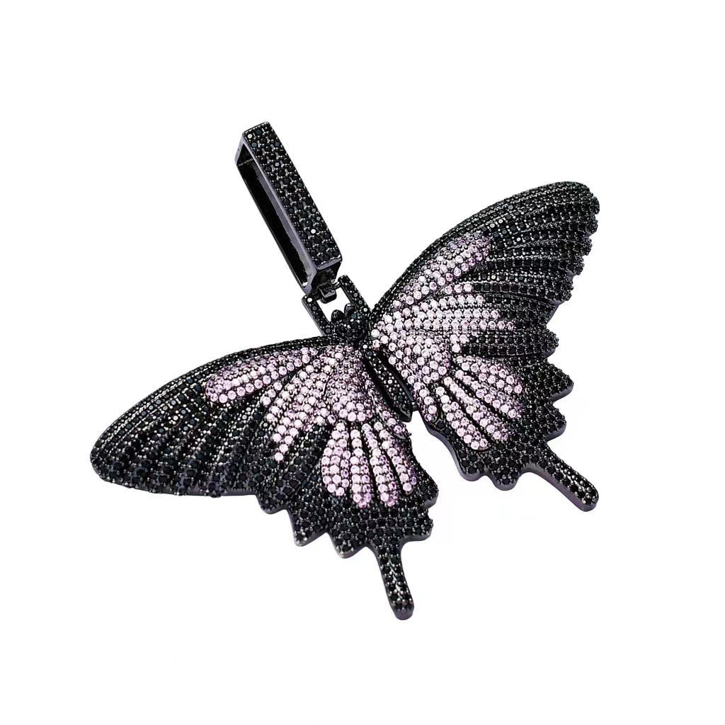 Fully Iced Out Diamond Big Butterfly Pendant Jewelry Free Rope Chain 18" Black & Purple