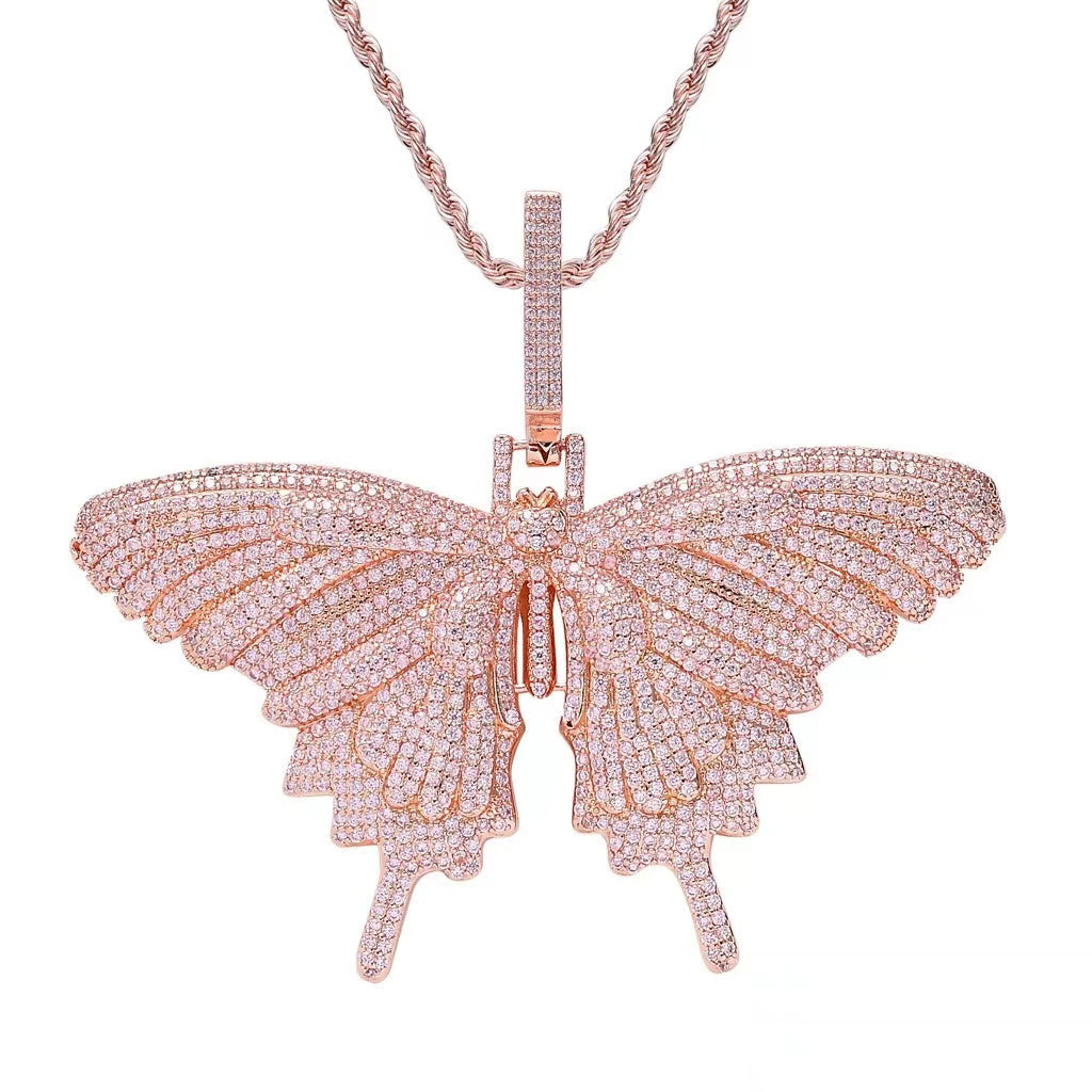 Fully Iced Out Diamond Big Butterfly Pendant Jewelry Free Rope Chain 18" Pink