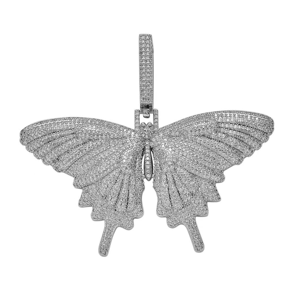 Fully Iced Out Diamond Big Butterfly Pendant Jewelry Free Rope Chain 18" White Gold