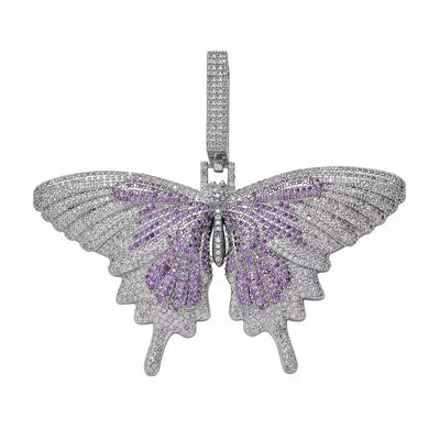 Fully Iced Out Diamond Big Butterfly Pendant Jewelry Free Rope Chain 18" White Gold & Purple