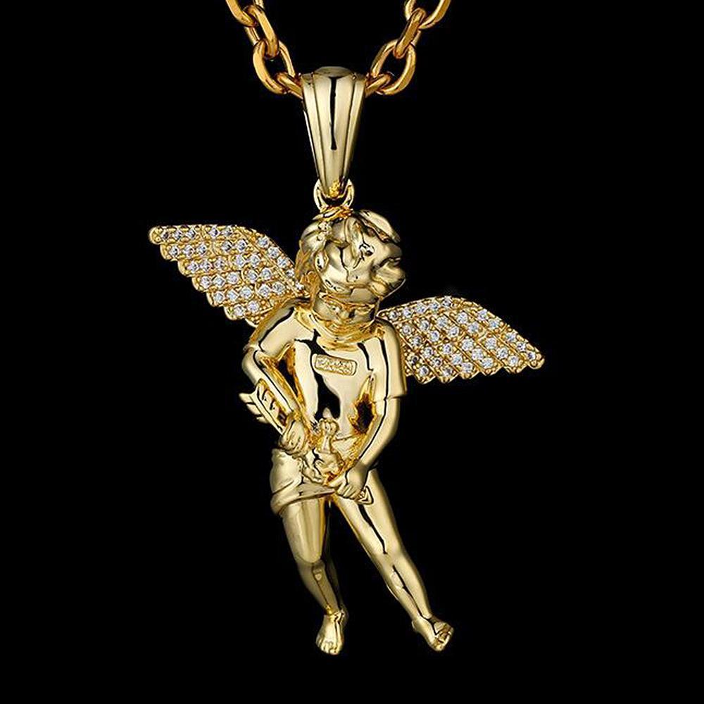 Iced Cupid Angel Pendant 14K Gold Plated 