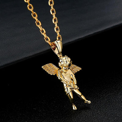 Iced Cupid Angel Pendant 14K Gold Plated 