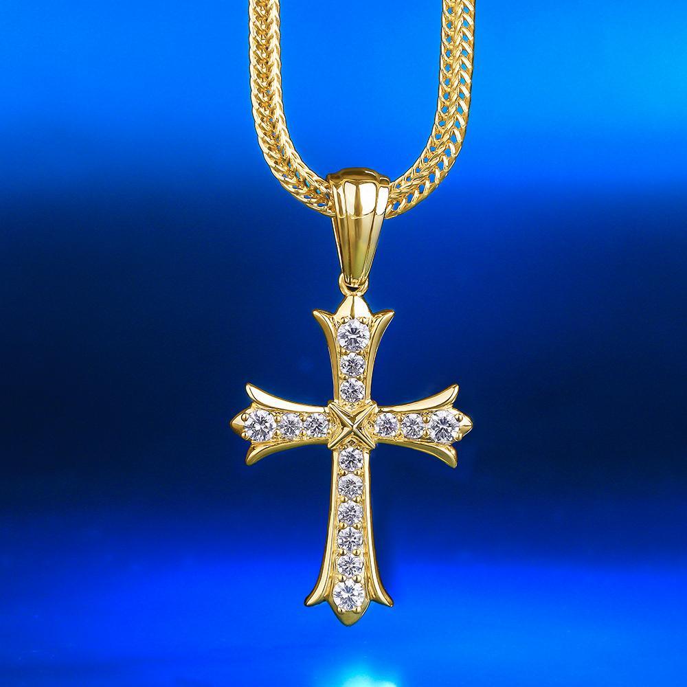 Iced Iris Cross Pendant 14K Gold Plated 2.5mm 24" Franco Chain 14K Gold 