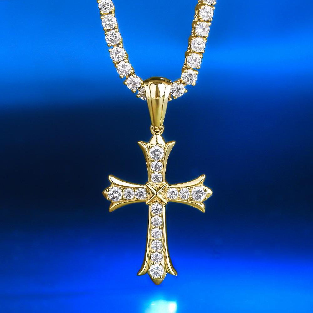 Iced Iris Cross Pendant 14K Gold Plated 3mm 24" Tennis Chain 14K Gold 