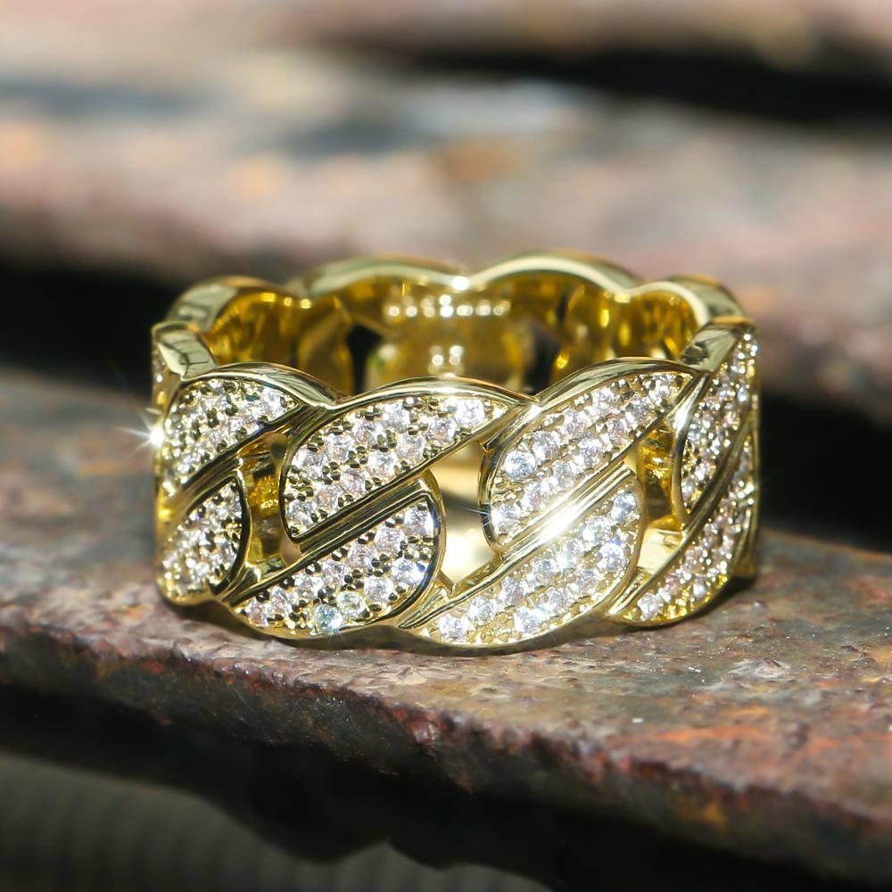 Iced Out Diamond Cuban Link Ring Gold Plated 