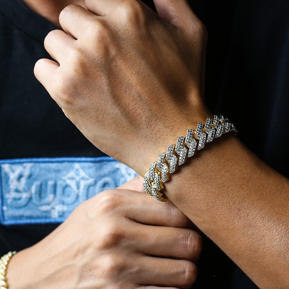 Iced Out Diamond Prong Cuban Link Bracelet in 14K Gold 