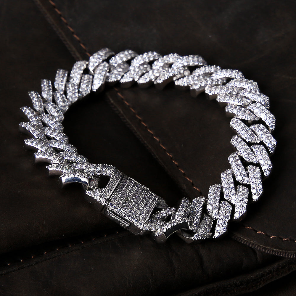 Iced Out Diamond Prong Cuban Link Bracelet in White Gold 