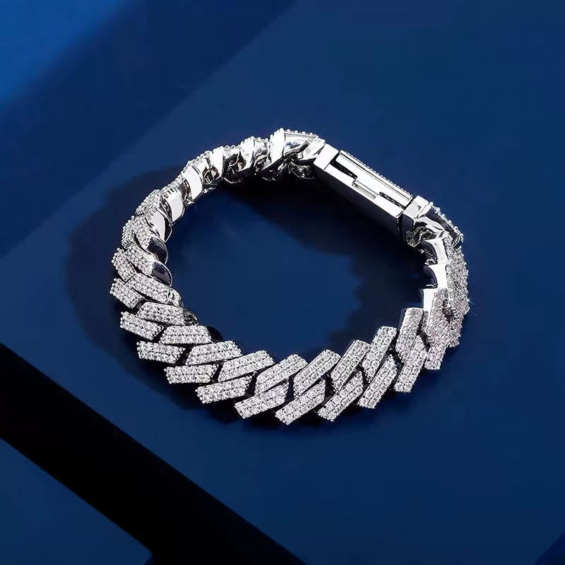 Iced Out Diamond Prong Cuban Link Bracelet in White Gold 