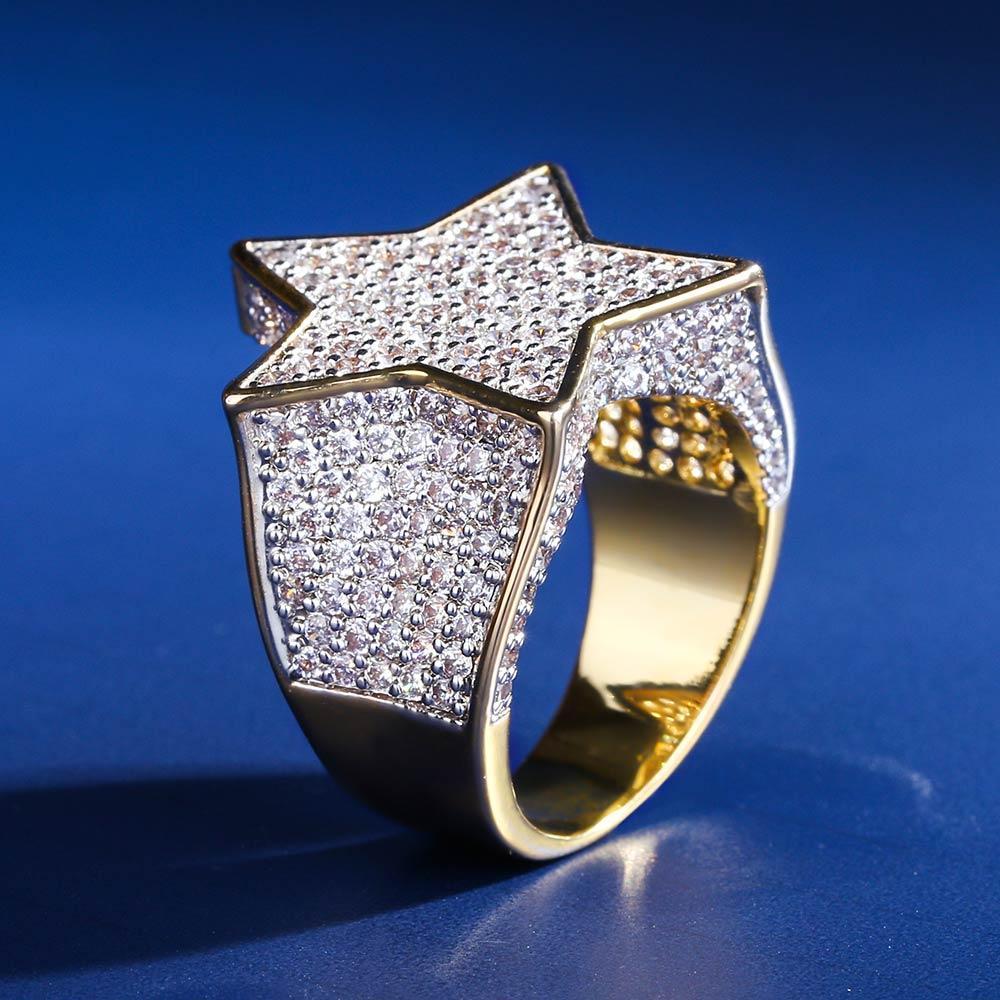 Iced Out Diamond Star Ring 14K Gold Plated 