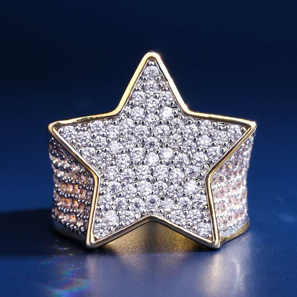 Iced Out Diamond Star Ring 14K Gold Plated 
