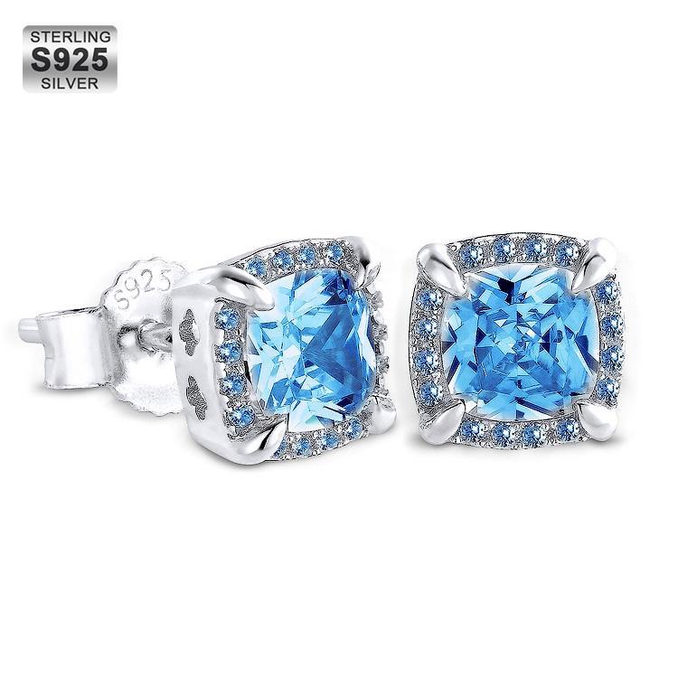 Iced Out Square Stud Diamond Earrings Earrings Blue Gold S925 