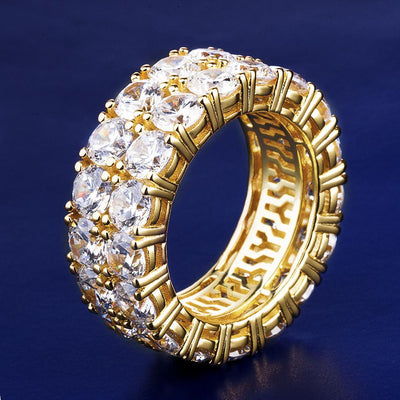 Iced Out Two Row Stone Ring 14K Gold Plated 