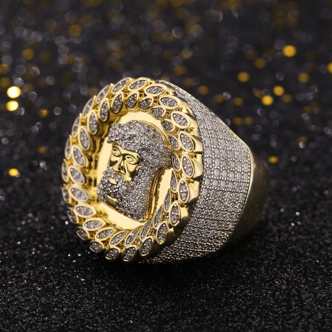 Jesus Head CZ Diamond Rings 14K Gold Plated 
