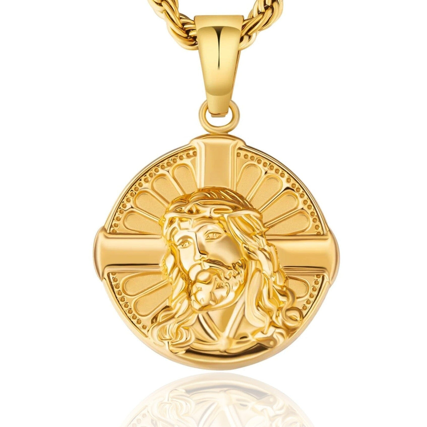 Jesus on Cross Coin Pendant Necklace 18K Gold Free Rope Chain 