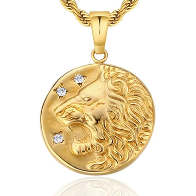 Lion Head Coin Pendant Necklace 18K Gold Free Rope Chain 