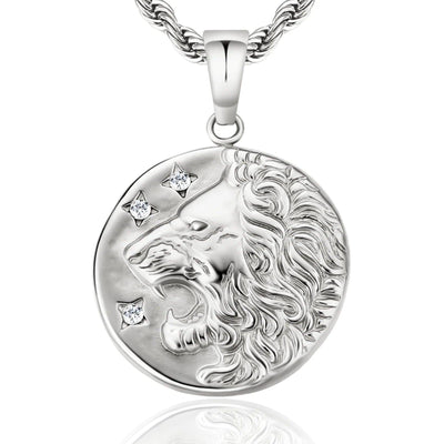 Lion Head Coin Pendant Necklace White Gold Free Rope Chain 