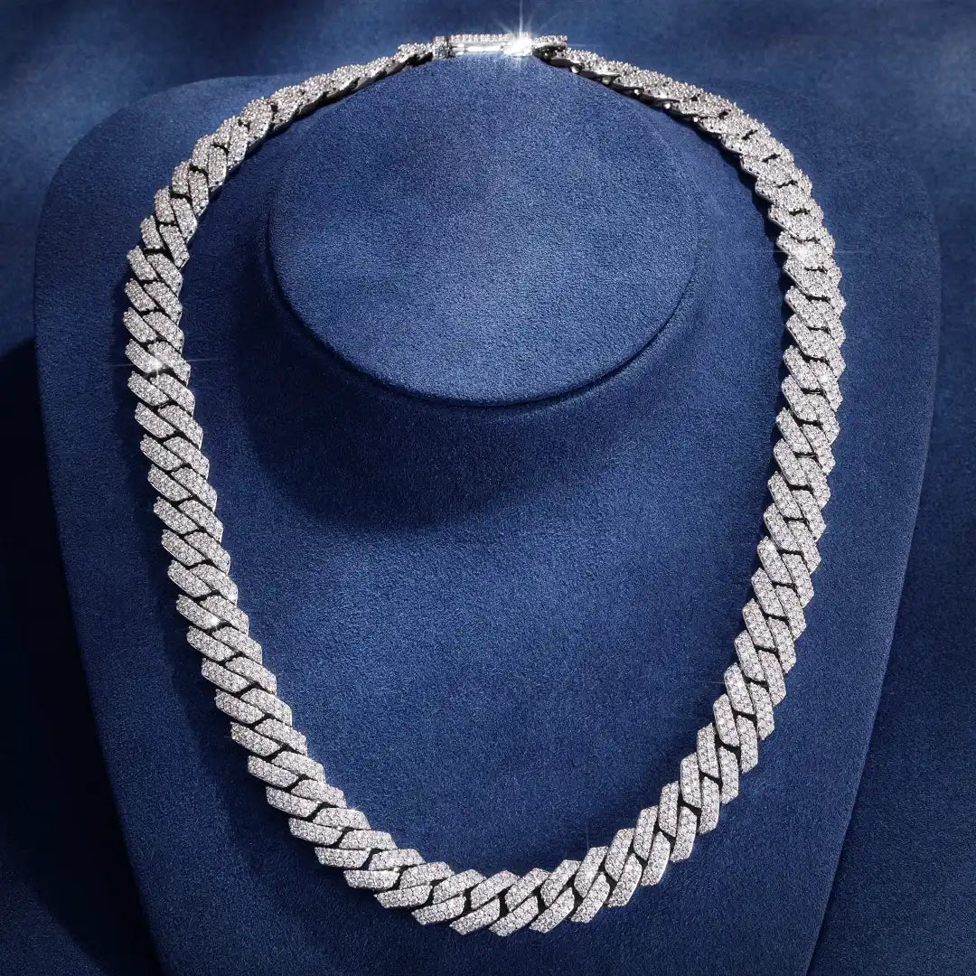 Moissanite Diamond Prong Cuban Link Chain in White Gold - 15mm 