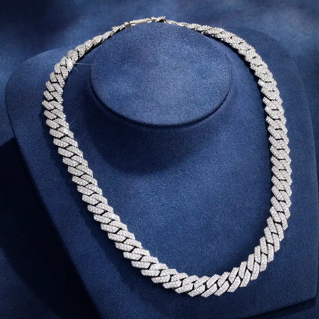 Moissanite Diamond Prong Cuban Link Chain in White Gold - 15mm 