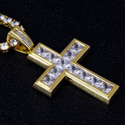 Princess Cut Cross Pendant 14K Gold Plated 