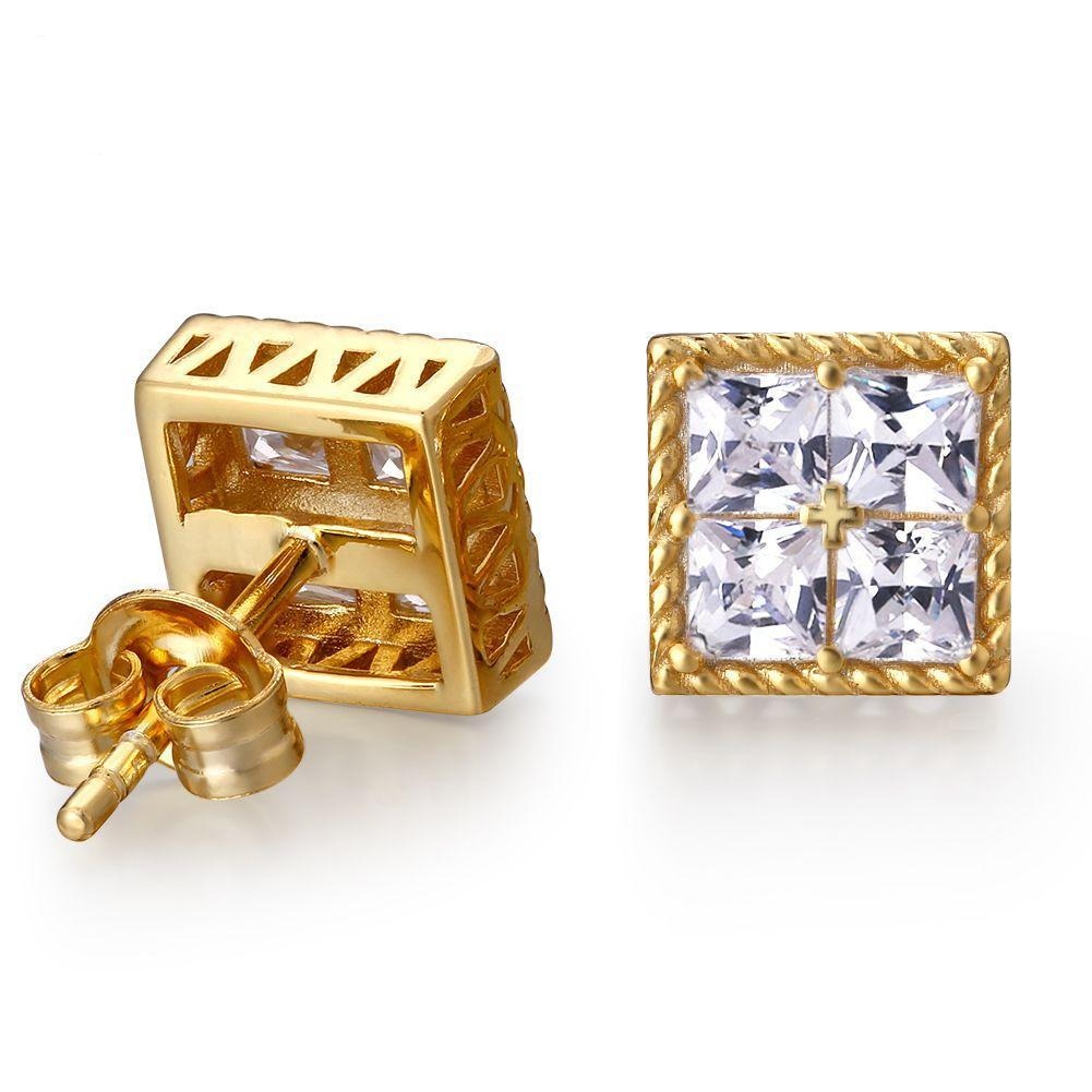 Princess Cut Diamond CZ Square Stud Mens Earrings Earrings 14K Gold S925 