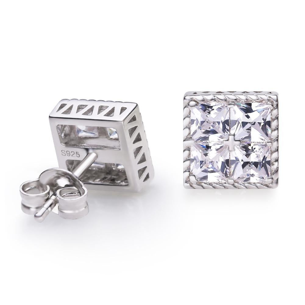 Princess Cut Diamond CZ Square Stud Mens Earrings Earrings White Gold S925 