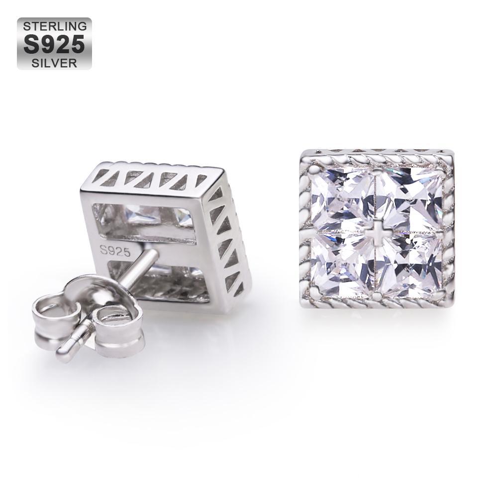 Princess Cut Diamond CZ Square Stud Mens Earrings Earrings White Gold S925 