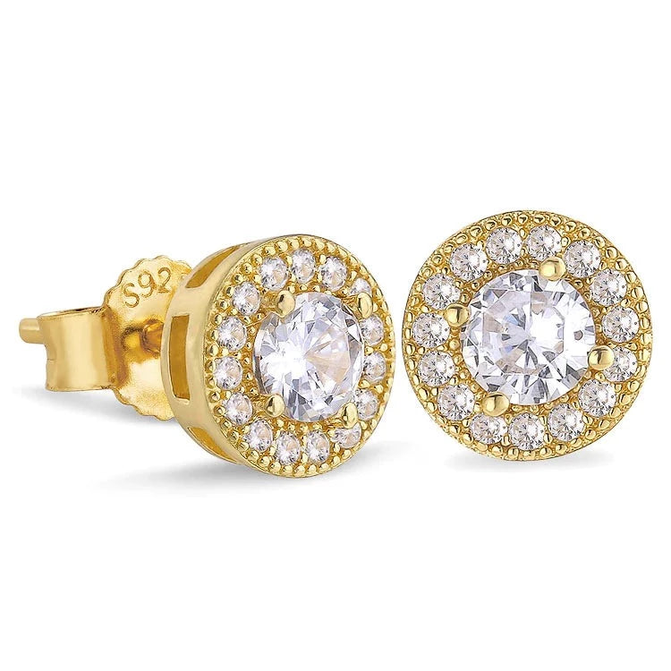 Round Iced 925 Sterling Silver Stud Earrings 14K Gold S925 