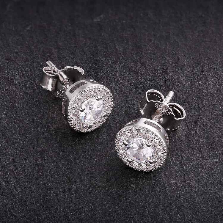 Round Iced 925 Sterling Silver Stud Earrings 